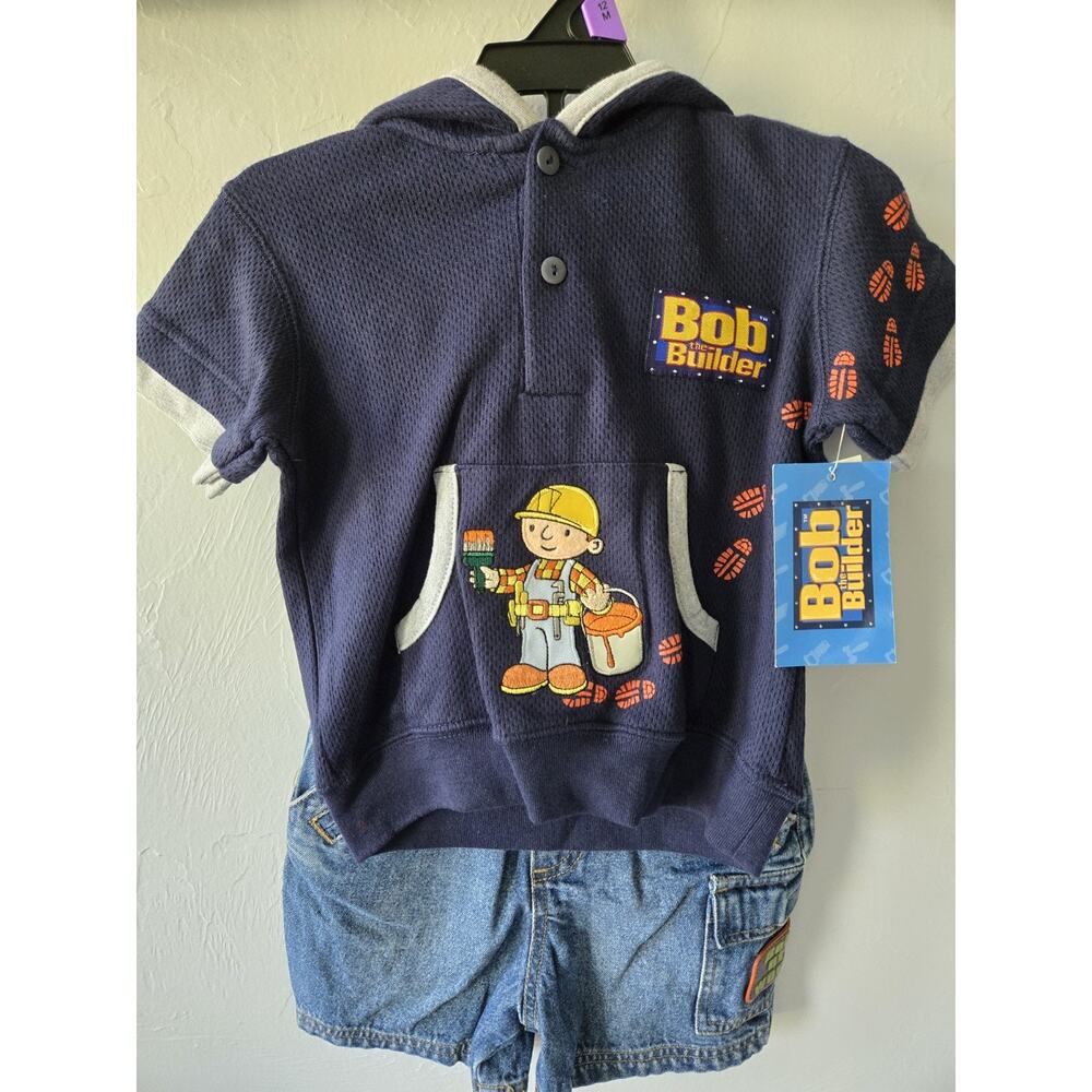 VTG 2004 Bob the Builder 2-Pc Hoodie Top & Denim Shorts Set Navy/Blue Boys 12M